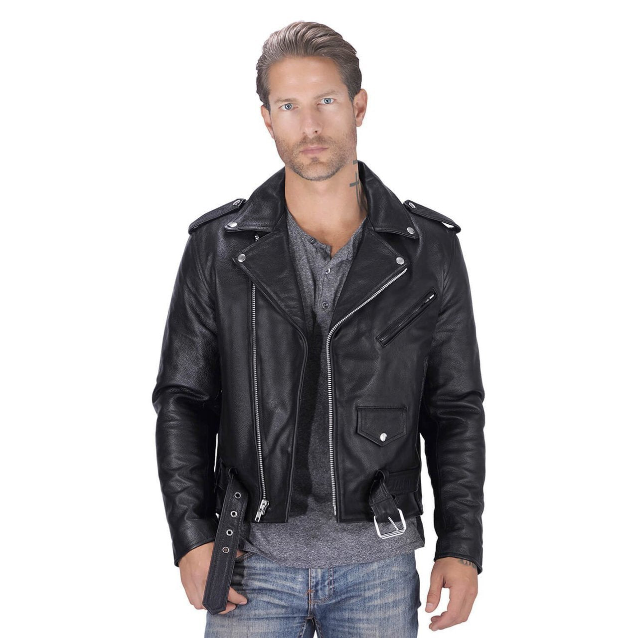 Men's Denim Biker Motorcycle Jacket Black Real Leather Sleeves like HD Style